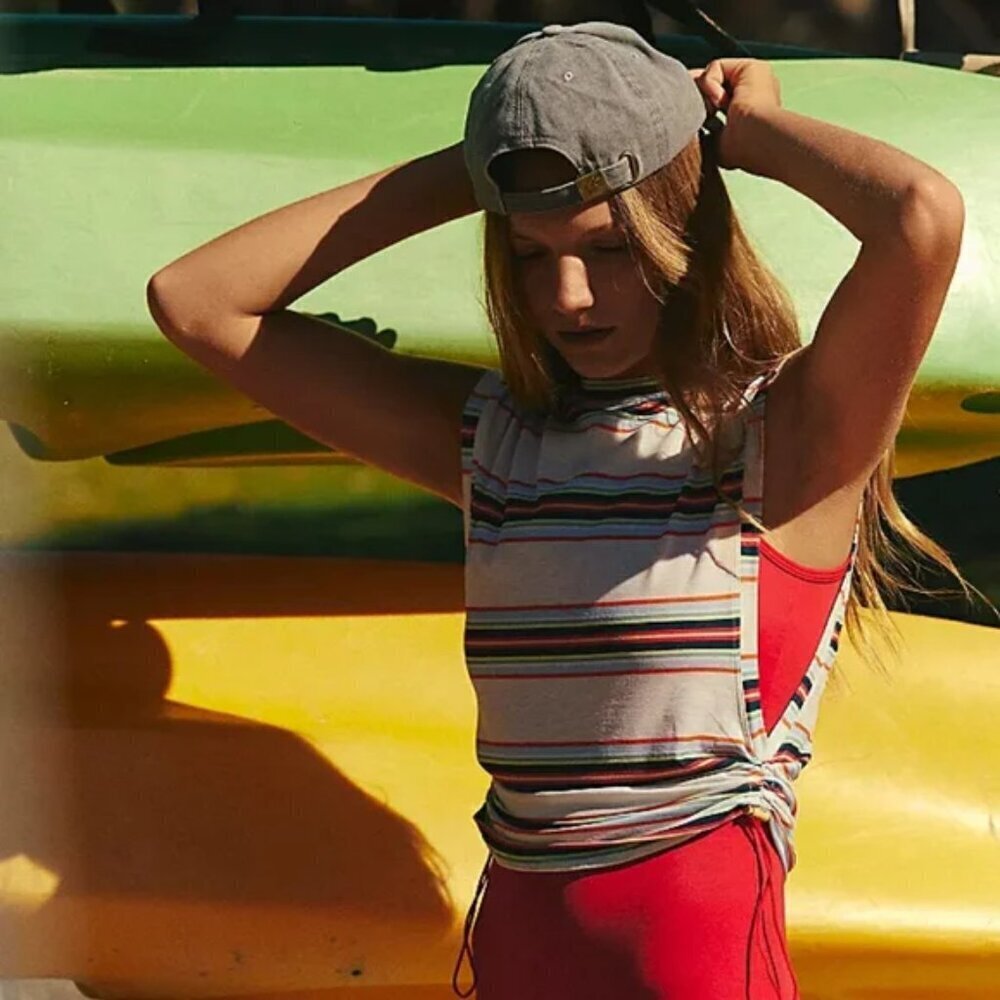 FP Movement by Free People Striped Muscle Tee in White with Multicolor Stripes